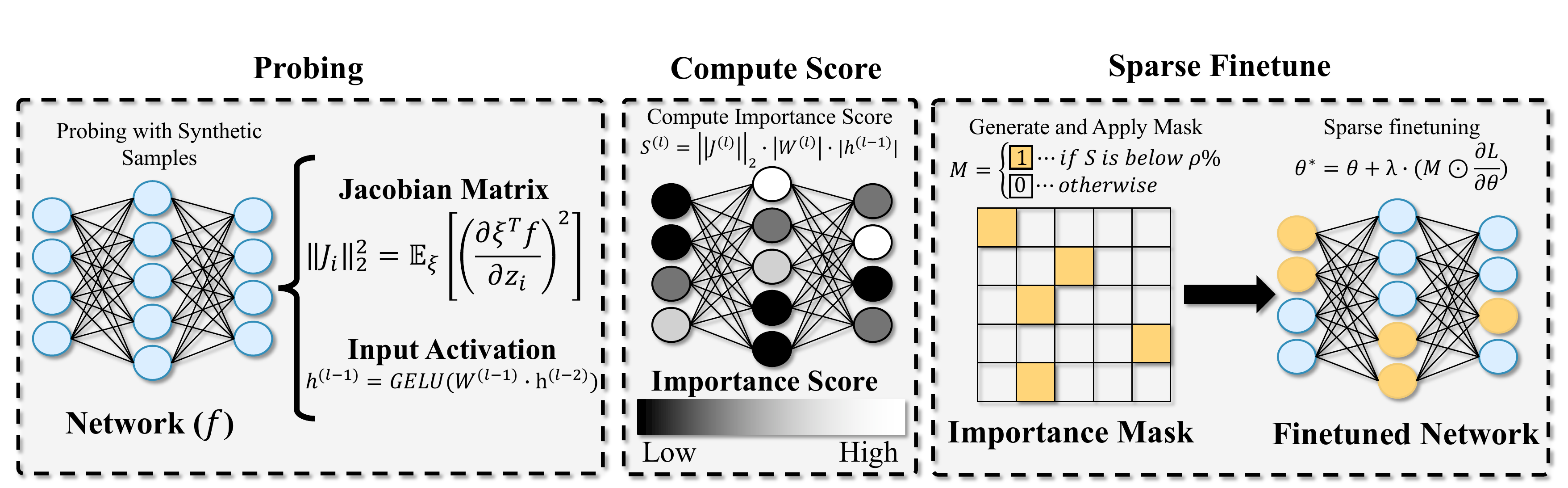 Overall architecture of Model-Dowser showing the three-stage pipeline: Probing, Compute Score, and Sparse Fine-tuning.